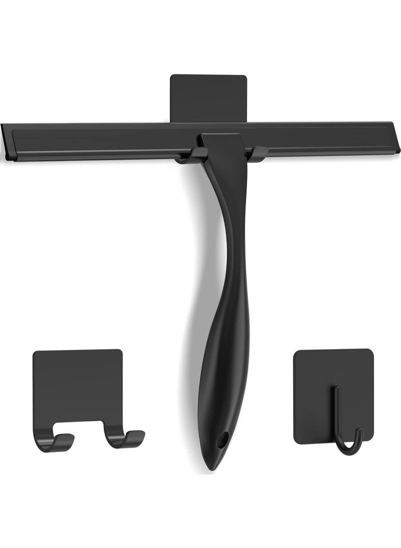 All-Purpose  Stainless Steel Shower Squeegee for Shower Doors with 2 Adhesive Hooks, Bathroom Cleaner Tool Household Window Mirror Squeegee for Home Cleaning, Glass Door, Tile Wall, Car, 14 Inch Black - Image 1